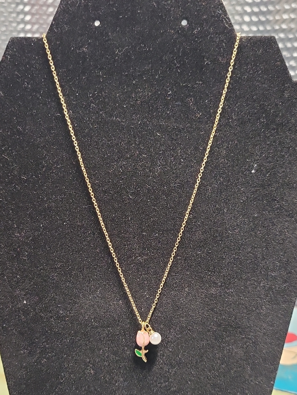 Gold-tone Pink Flower Pendant Necklace with Pearl Accent